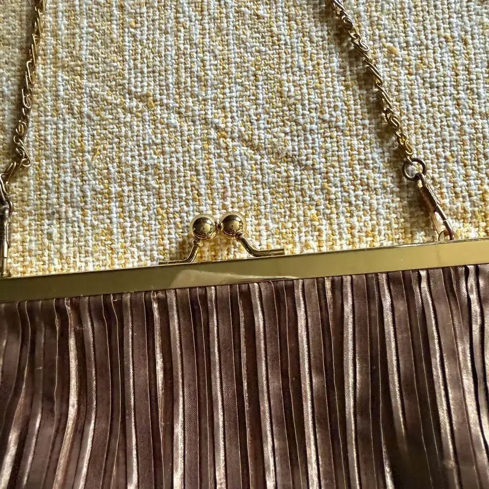 Wild Rose Vintage Bronze Pleated Satin Evening Clutch with Gold Chain Strap